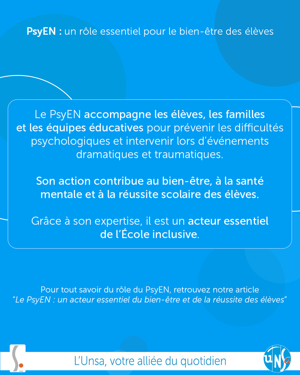SE_Unsa's tweet photo. 🧠 Les PsyEN accompagnent élèves, familles et équipes éducatives face aux difficultés psychologiques, au harcèlement ou au décrochage scolaire.

🏫 Pour agir efficacement, ils ont besoin de conditions de travail adaptées.

👉 https://t.co/zWOI3CWJet https://t.co/3Hj6nrM98e