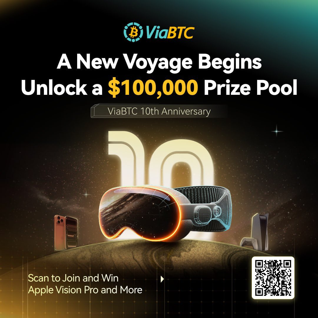 ViaBTC's tweet photo. Let’s party! 10 years of proof of work!
Want to win some prizes? Scan the QR code and good luck!
#ViaBTC10th #ProofOfDecade https://t.co/gqN8XmwENO