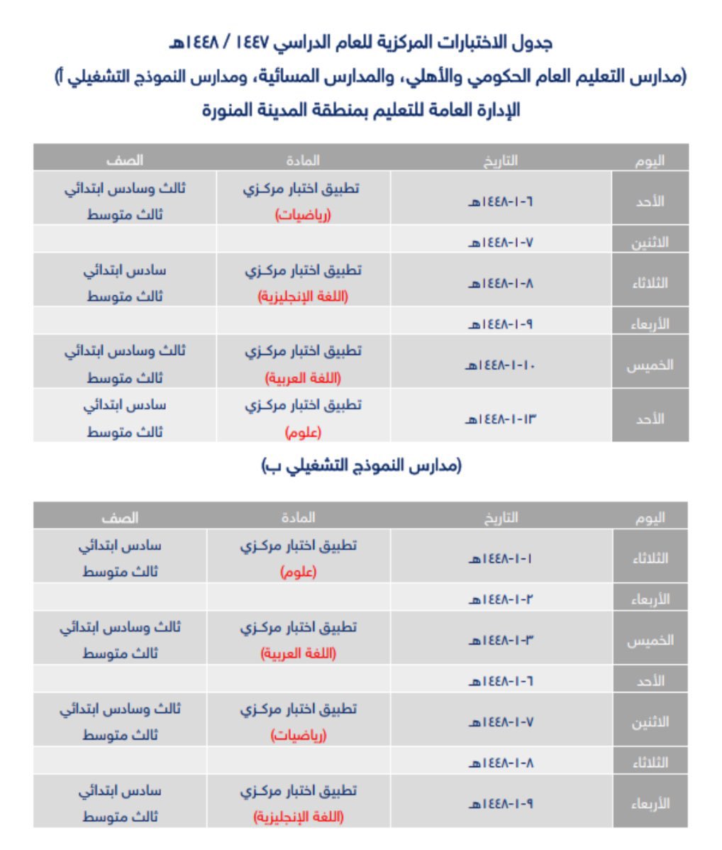 News_Almadinah's tweet photo. إدارة تعليم #المدينة_المنورة تصدر تعميم بشأن تعليمات ومواعيد جدول #الاختبارات_المركزية وتنفيذها في جميع المدارس للفصل الدراسي الثاني 1447ﮪ. https://t.co/Zc5u0PHVRe