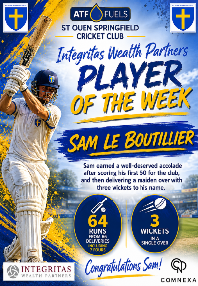 StOuenSpringCC's tweet photo. After winning the @cricketinjersey Platinum performance of the week, it is only natural that Sam is our @IntegritasWP player of the week as well.

It's great to see a young player register his 1st 50 in open age cricket and follow that up with 3 wkts too - a great effort! 💙💛 https://t.co/YuKgVDnJNY