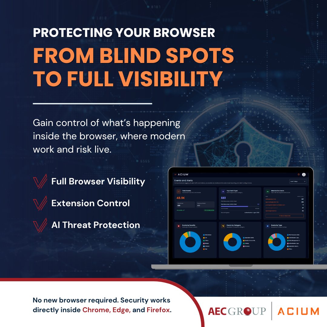 TheAECGroup's tweet photo. The browser is the new frontline of security.
If you can’t see it, you can’t secure it.
AEC Group and Acium help organizations move from limited visibility to full browser-level control with Unified Browser Security™.
Contact us:
sales@aecgroup.com
412-206-2250
#BrowserSecurity https://t.co/vMiED5hiiJ