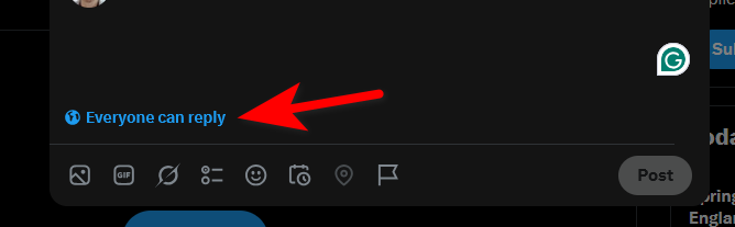 Tree_Coder's tweet photo. @DaveThroup @pcl_embert1649 When you post, click on the blue text (see attached screenshot) to change who can reply.  Thanks for all you do Dave. https://t.co/sgghNuohiH