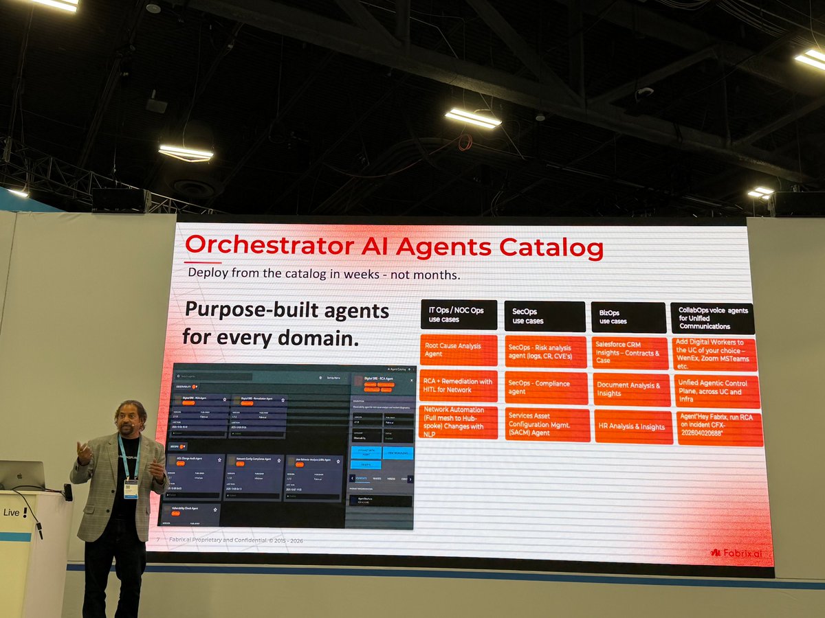 TheFabrixAI's tweet photo. Strong engagement at our #CiscoLive session, “From Siloed Observability to Unified Agentic Operations with Agentic Data Federation,” and the session also sparked meaningful discussion on #AgentOps, unified operational context, and how enterprises can move beyond fragmented #observability toward #AI-driven operations.
The conversations do not stop here, and you can still meet @TheFabrixAI team at Booth #3323 and AI Solutions Village Booth #13 to continue the discussion and learn more about our #AgentOps platform, #Agentic #DataFederation, #AIObservability offerings, and more.