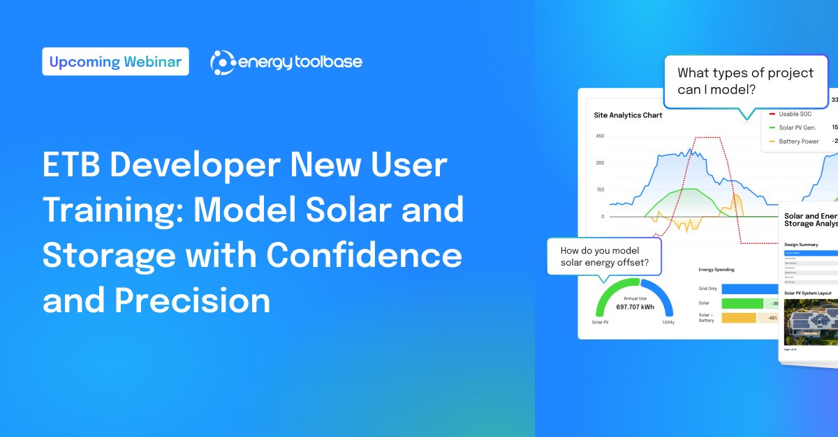 EnergyToolbase's tweet photo. New to ETB Developer? Join our New User Training today to learn how to confidently model solar &amp; energy storage projects.⚡🔋

We'll cover utility rate modeling, energy usage analysis, PV &amp; ESS system sizing, and customer-ready proposals.

Register here: https://t.co/EdMBId5Fjs https://t.co/KGJg70Bg42