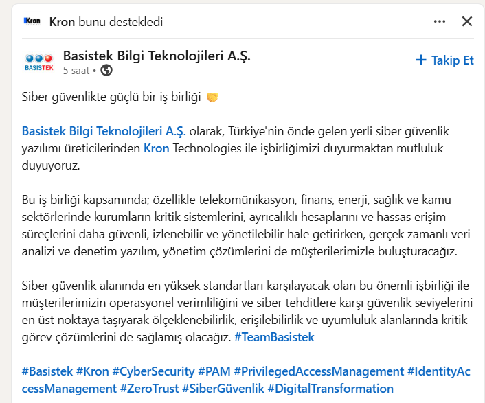 bistab61's tweet photo. #KRONT BT Operasyonları ve Servis Yönetimi (ITSM/ESM) alanlarında uzmanlaşmış Basistek Bilgi Teknolojileri ile iş birliği yapıldığına dair Linkedin paylaşımı yapılmış. https://t.co/lNXas2pMOK