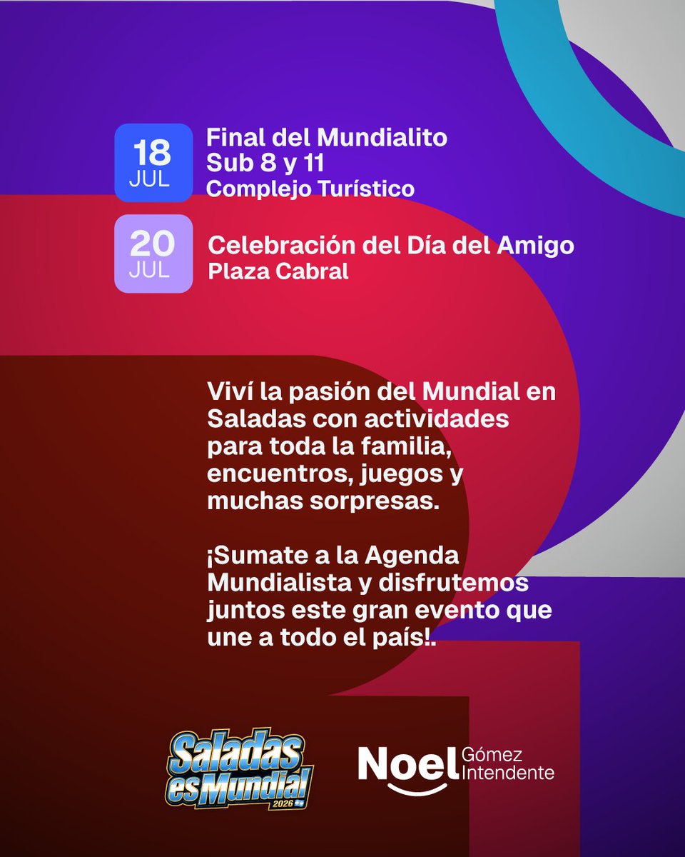 munidesaladas's tweet photo. 🌎⚽ #SaladasEsMundial

Ya podés consultar la agenda completa del Mes del Mundial en Saladas, con actividades deportivas, culturales, recreativas y turísticas para toda la comunidad.

Conocé el cronograma y sumate a esta gran celebración que viviremos durante todo el mes. https://t.co/XDlTIjQ5F1