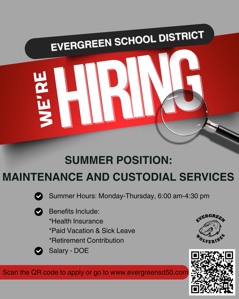 EvergreenSD50's tweet photo. Join our team!  Great hours, great benefits, and great salary! https://t.co/vn7OrVwjIA