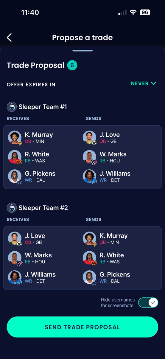 Perugino_'s tweet photo. @FFDynastyTrades About to send this. I’d be downgrading my QB2 to upgrade my WR 1 (currently jamo is WR1 for me lol) thoughts? https://t.co/a2rXxca4MB