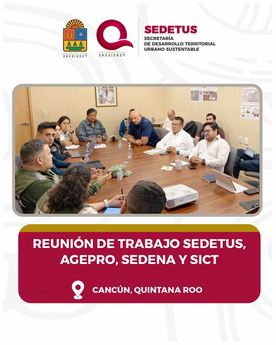 SEDETUSQROO's tweet photo. El Subsecretario de Espacio Público y Movilidad de la #SEDETUS, Hugo Sánchez Orozco, acudió en representación del titular José Alberto Alonso Ovando a una reunión de trabajo en las oficinas de la #AGEPRO en Cancún.
Participaron representantes de AGEPRO, SEDENA, SEDETUS y la SICT. https://t.co/lfZvtc72OM