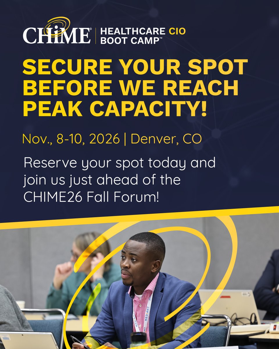 CIOCHIME's tweet photo. Ready to lead healthcare transformation?

The CHIME Healthcare CIO Boot Camp™ equips current & aspiring CIOs with the skills to lead change, strengthen governance, influence stakeholders, and build high-performing teams.

📍 Aurora, CO| Nov 8–10, 2026
🔗 Register now: https://t.co/BeU9AWxtyZ

Thank you to our sponsors:  AvaSure, ELLKAY, Hyro, Innovaccer

#CHIME #HealthcareCIO #HealthIT #DigitalHealth