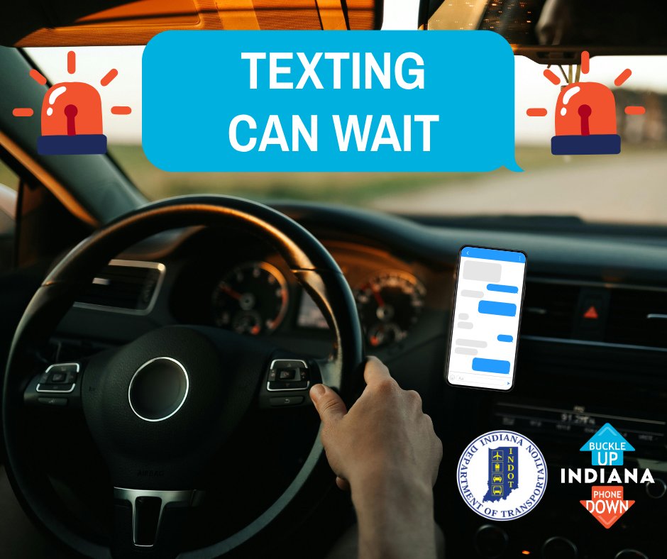 INDOT's tweet photo. Eyes on the road 👀 Texting and driving is never safe. Remember to buckle up and put your phone down! Every trip. Every time. 📵👇 https://t.co/axPeIsWZ97