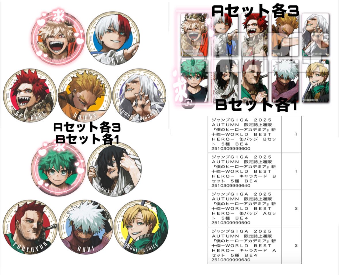 denden_032's tweet photo. 交換 僕のヒーローアカデミア ヒロアカ ジャンプGIGA ギガ 新十傑 缶バッジ キャラカード

譲: 轟 ホークス 切島 死柄木 相澤 エンデヴァー 荼毘 物間
求: 爆豪 緑谷

Aセット各3
Bセット各1予約済

※詳細2枚目
※まだ未発送で手元にありません
ご了承頂ける方何卒お願い致します🙇‍♀️ https://t.co/j3uyzF1KmO
