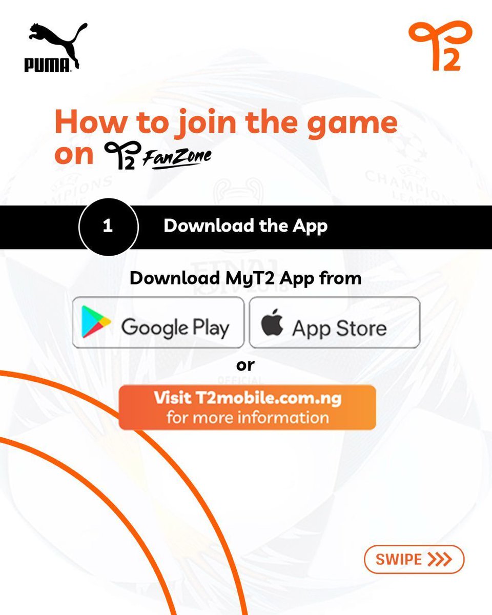 T2mobile_ng's tweet photo. Win exclusive PUMA gear and cash rewards when you play daily trivia on T2 FanZone via MyT2App!
Prove you know the game. Download the App now. Link in bio for more info.
#T2FanZone
#T2XPUMA
#YourDigitalLifestylePartner
#T2mobileNG https://t.co/Nidex0w0BA