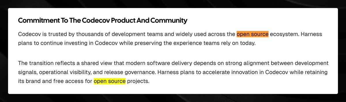 TechSquidTV's tweet photo. Big news. Codecov has a new home at Harness. Here's the part you are probably looking for.

https://t.co/a1NCnnDxc0 https://t.co/8ofuUjMNOT