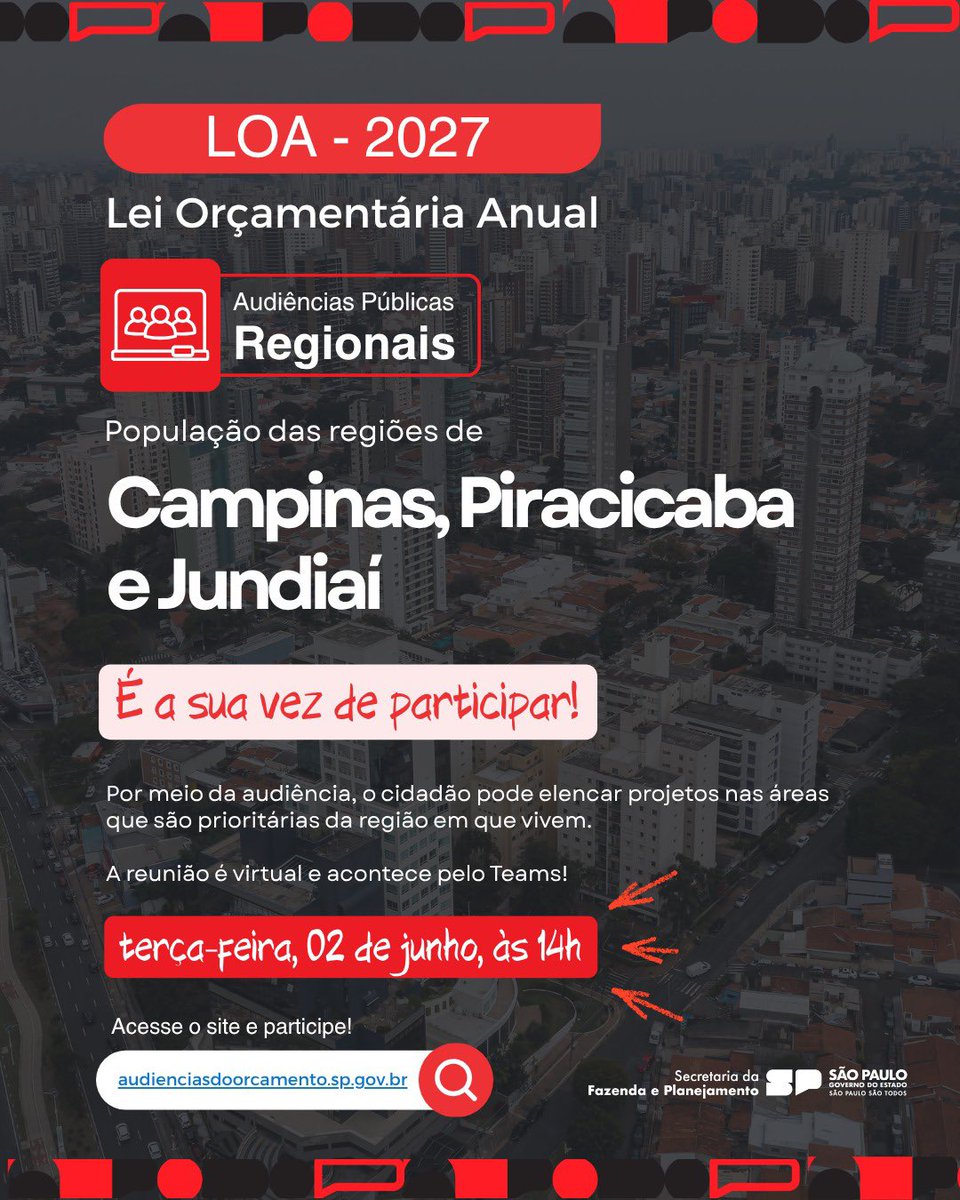 sefaz_sp's tweet photo. 📢 Daqui a pouco, às 14h! População das regiões de Campinas, Piracicaba e Jundiaí: participe da #LOA2027

A audiência pública virtual é para ouvir a população na construção do Orçamento do Estado de São Paulo.

💻 Participação online, via Teams (https://t.co/sDhbiC6OOR) https://t.co/dzDNAqDLei