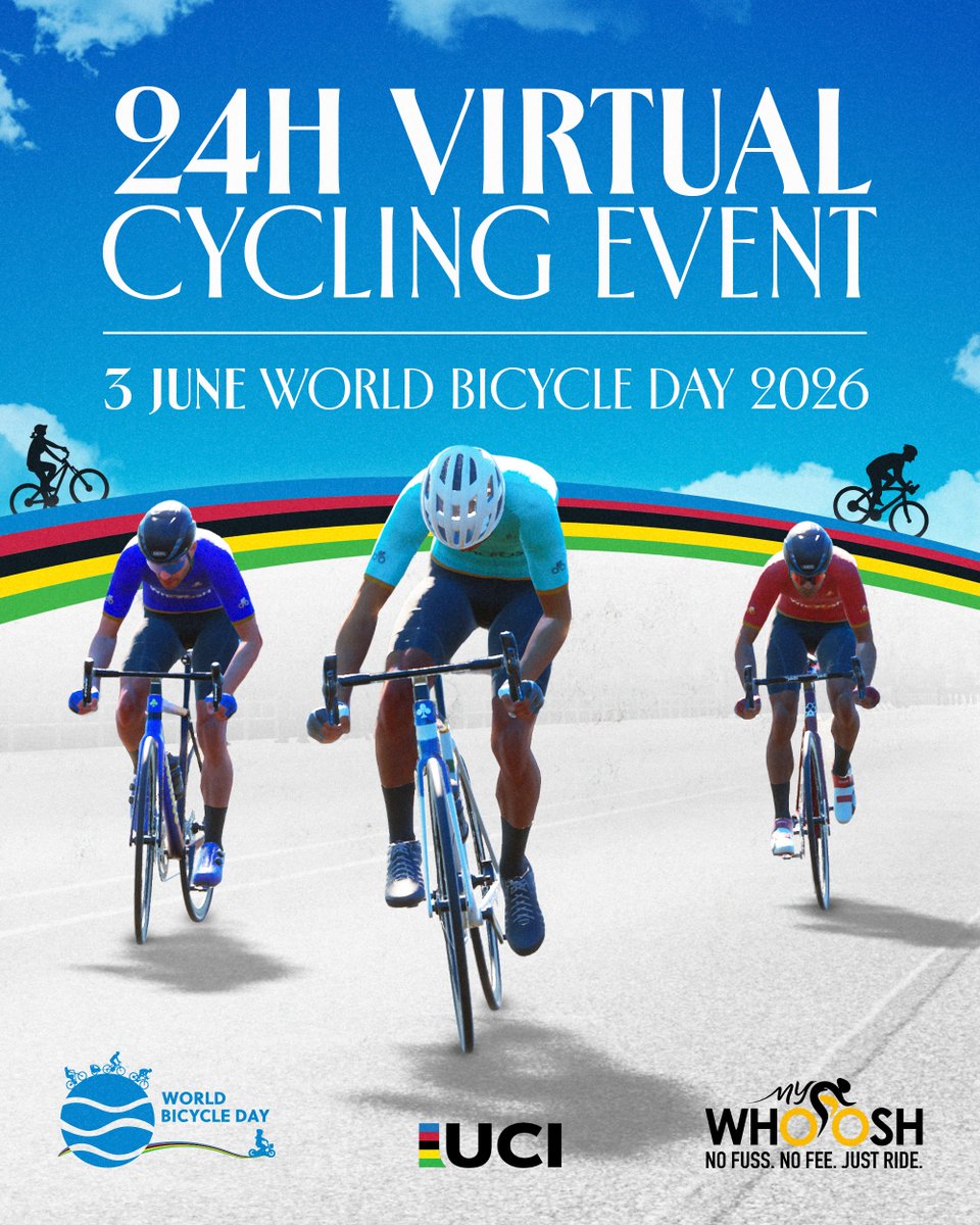 UCI_cycling's tweet photo. 🚴One day. One platform. One global #Cycling community.

To celebrate #WorldBicycleDay2026, @UCI_cycling and @my_whoosh are bringing the world together for a 24-hour virtual cycling event on 3 June!

👉 Join us on MyWhoosh - Link in bio https://t.co/1ts8FsqP81
