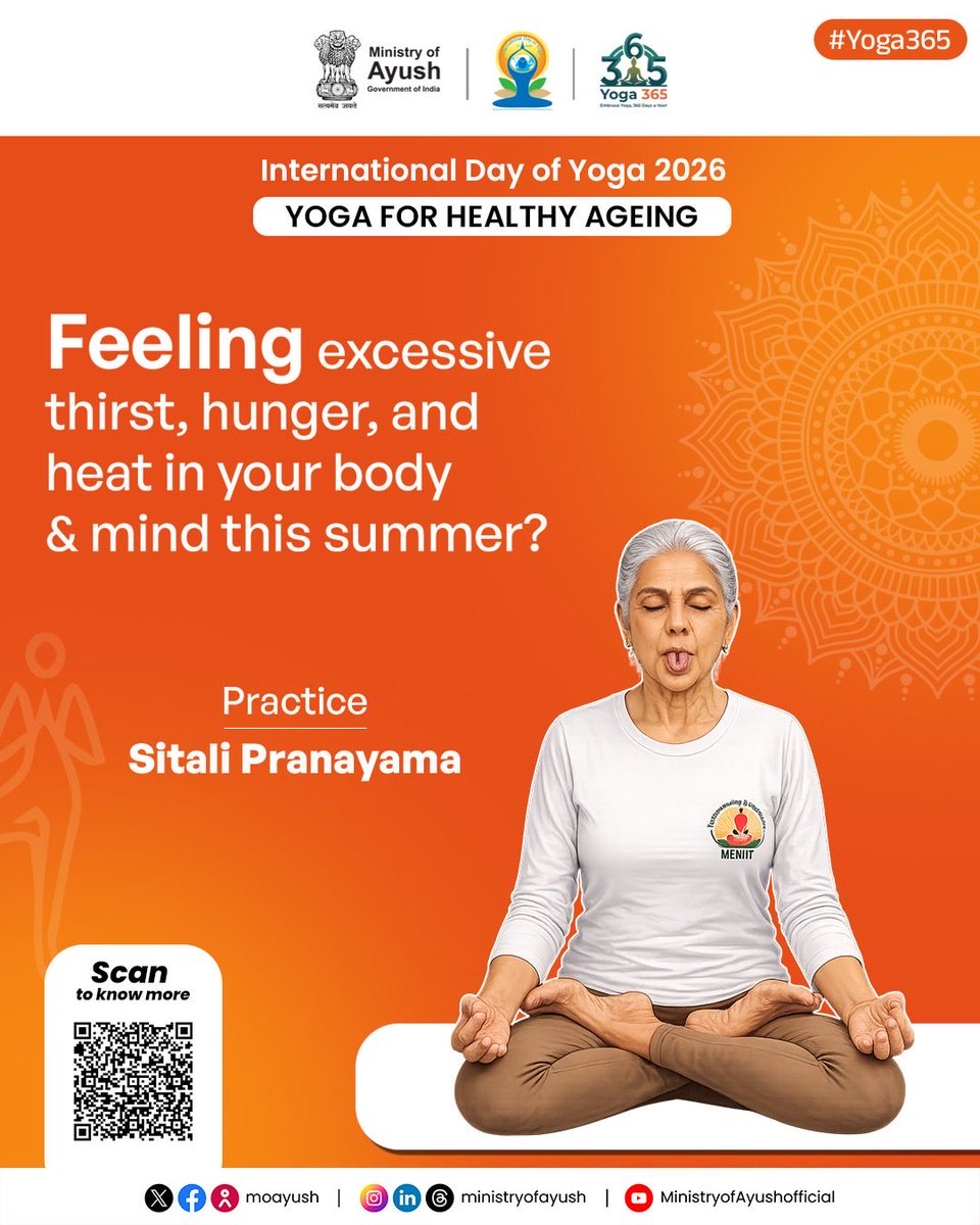 moayush's tweet photo. Cool your system naturally with Sitali Pranayama — a traditional yogic breathing practice known for its soothing and refreshing effects.

By promoting a sense of calm and helping balance the body’s internal heat, Sitali Pranayama can be a simple addition to your daily wellness routine during the warmer months.

This International Day of Yoga 2026, embrace the theme “Yoga for Healthy Ageing” by incorporating mindful practices that support comfort, balance, and well-being at every stage of life.

#Yoga365 #IDY2026 #YogaForHealthyAgeing #SitaliPranayama #HealthyAgeing 

@PMOIndia | @narendramodi | @mpprataprao | @secymoayush | @vaidyakotecha | @WHO | @mdniy | @ccrhindia | @CCRAS_MoAyush | @DirectorCcryn | @AIIA_NDelhi | @WHO | @nmpb1 | @NIAJaipur | @PIB_India | @PIBAYUSH | @DDNewslive | @sansad_tv |  @AIRNewsHindi | @mygovindia | @MyGovHindi |