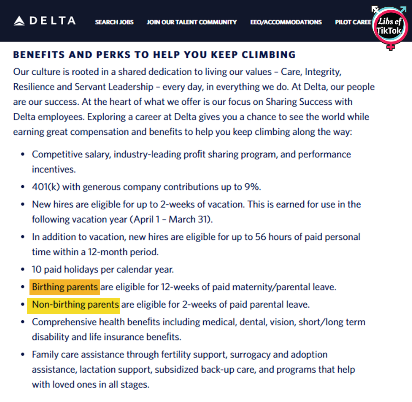 libsoftiktok's tweet photo. Delta Airlines refers to mothers and fathers in their career benefits policy as "Birthing parents" &amp; "Non-birthing parents"

Wtf is this @Delta ??? https://t.co/xBXGlBVNuP