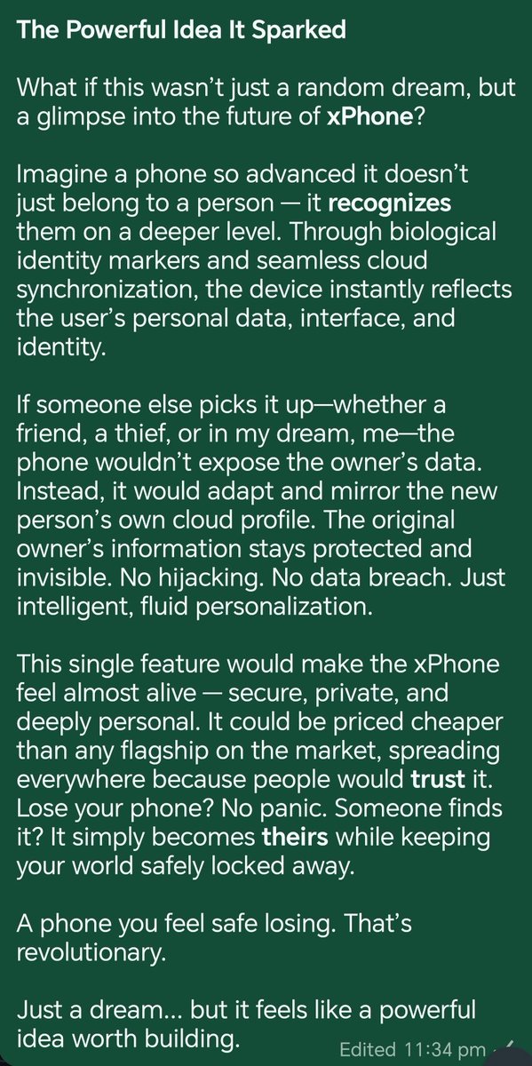 mcks6533's tweet photo. Last night I dreamt I was having coffee with Elon. He left his phone on the table. I picked it up — the screen suddenly became my phone screen (same wallpaper &amp; apps), even though my phone was still in my pocket. @elonmusk #Tesla #SpaceX #xPhone https://t.co/8HMdUuCWC0