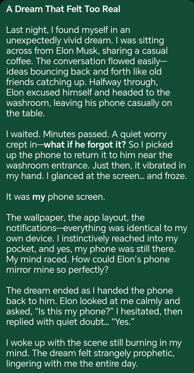 mcks6533's tweet photo. Last night I dreamt I was having coffee with Elon. He left his phone on the table. I picked it up — the screen suddenly became my phone screen (same wallpaper &amp; apps), even though my phone was still in my pocket. @elonmusk #Tesla #SpaceX #xPhone https://t.co/8HMdUuCWC0