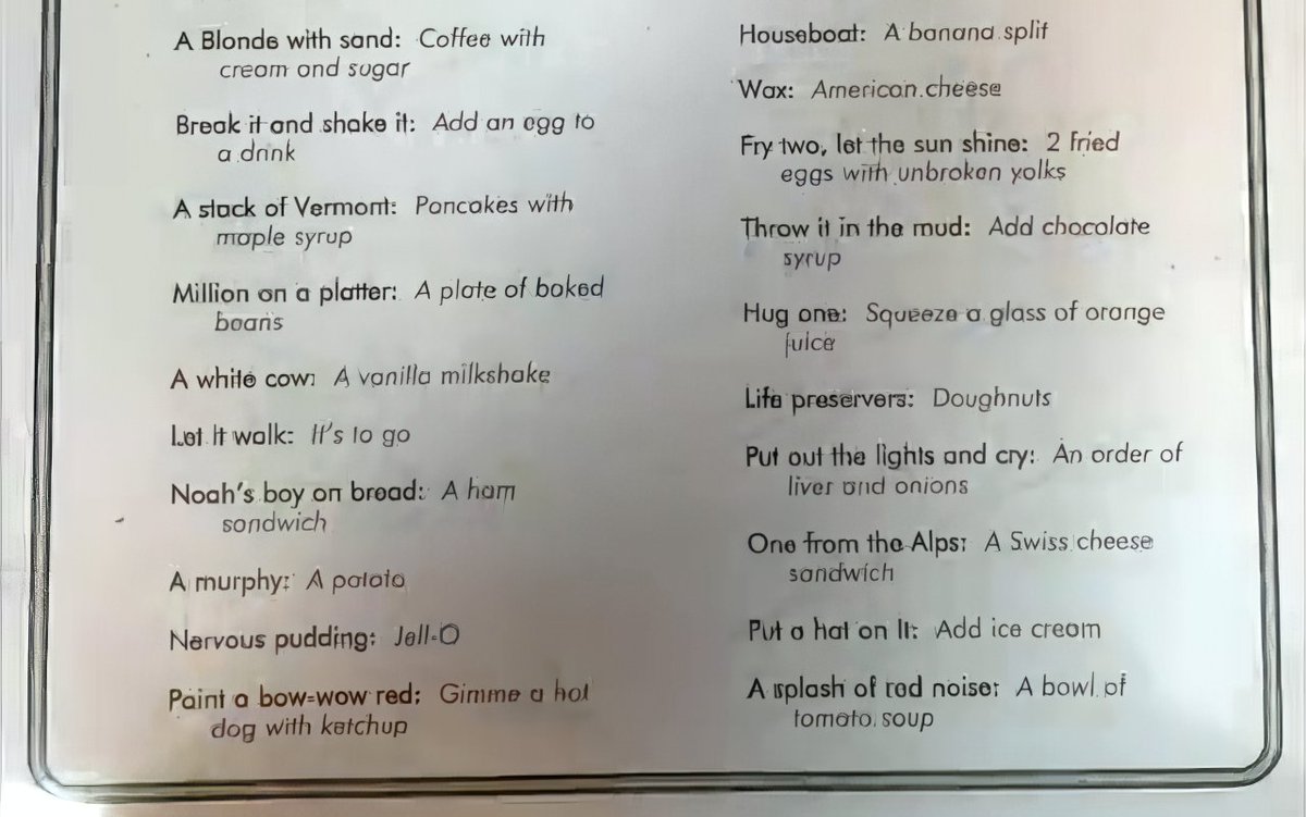 clickticious's tweet photo. Back in June Cleaver's day, diner restaurant staff spoke their own jive. My fave is "Adam and Eve on a raft." https://t.co/rdBDfePhQO
