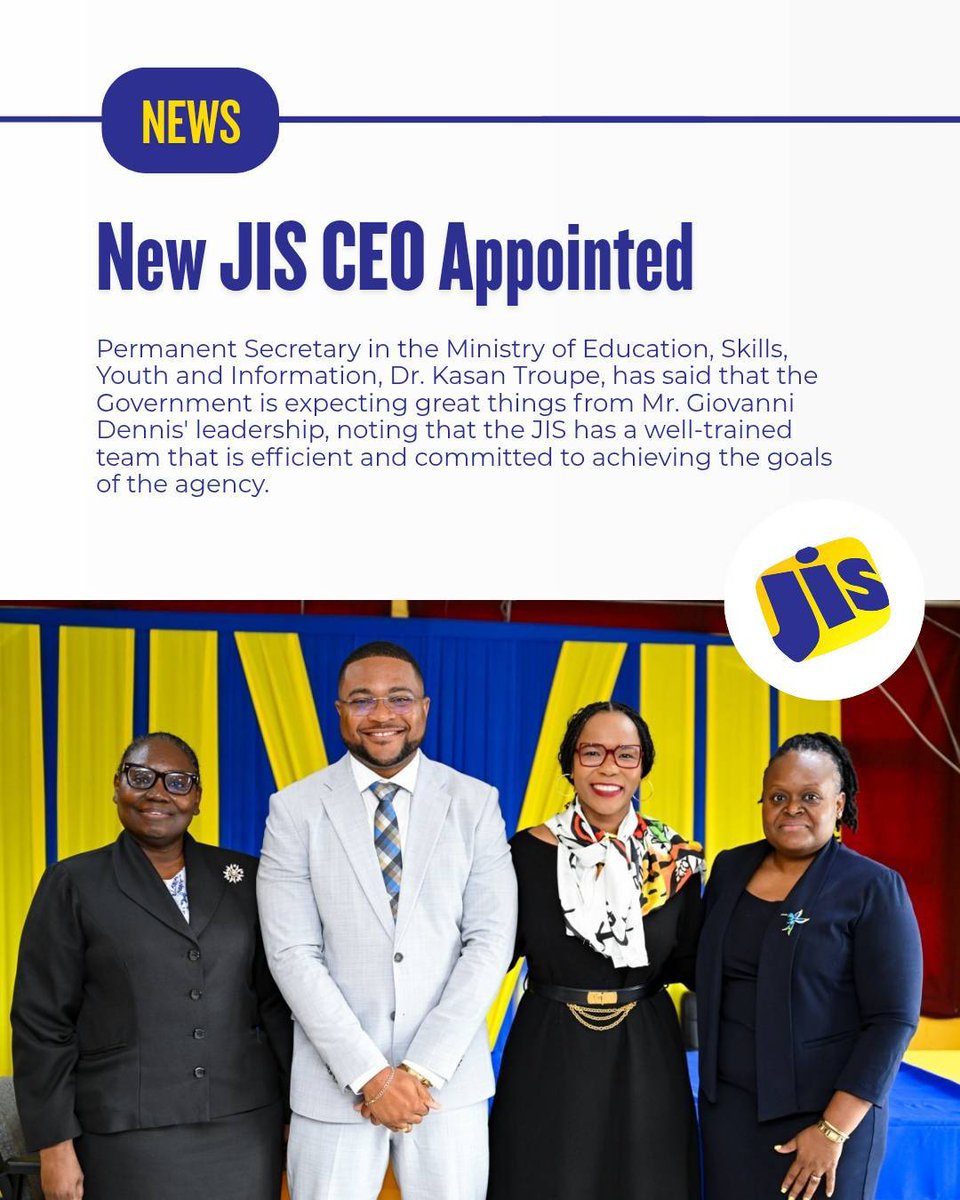 JISNews's tweet photo. Award-winning journalist, Giovanni Dennis (@GiovanniRDennis), is the new Chief Executive Officer (CEO) of the Jamaica Information Service (JIS).

Permanent Secretary in the Ministry of Education, Skills, Youth and Information (@MOEYJamaica), Dr. Kasan Troupe, introduced Mr. Dennis to the leadership team at the agency’s headquarters at Half-Way Tree Road in Kingston on Monday (June 1).

#JISNews
#StayInformed
#Jamaica