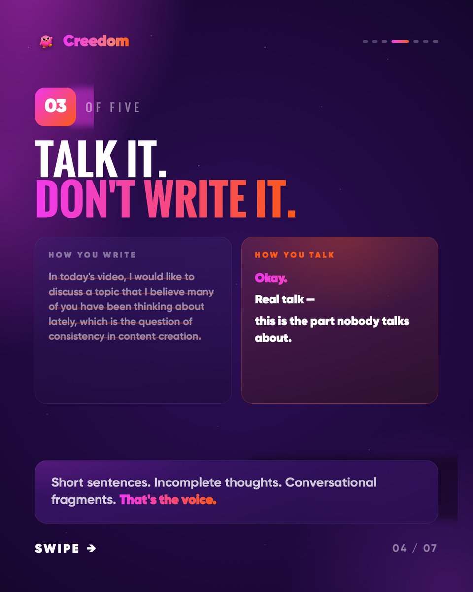 creedom_ai's tweet photo. AI scripts don't fail because of quality.
They fail because generic input → generic output.
Creedom fixes this by learning your voice before generating anything — so the output actually sounds like you.
Which of these are you skipping right now? https://t.co/KlCwZREOVY