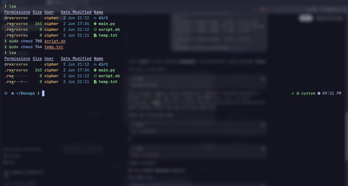 lemme_Ace's tweet photo. Today's Linux refresher: file permissions
1️⃣ Symbolic mode (u+x, g-w)
2️⃣ Set exact permissions (u=rwx)
3️⃣ Numeric mode (755, 644, 777)
Understanding permissions is essential for Devops
#Linux #DevOps #CyberSecurity  #SoftwareEngineering #TechLearning #LinuxCommands #Developer https://t.co/fPyk3BCL83