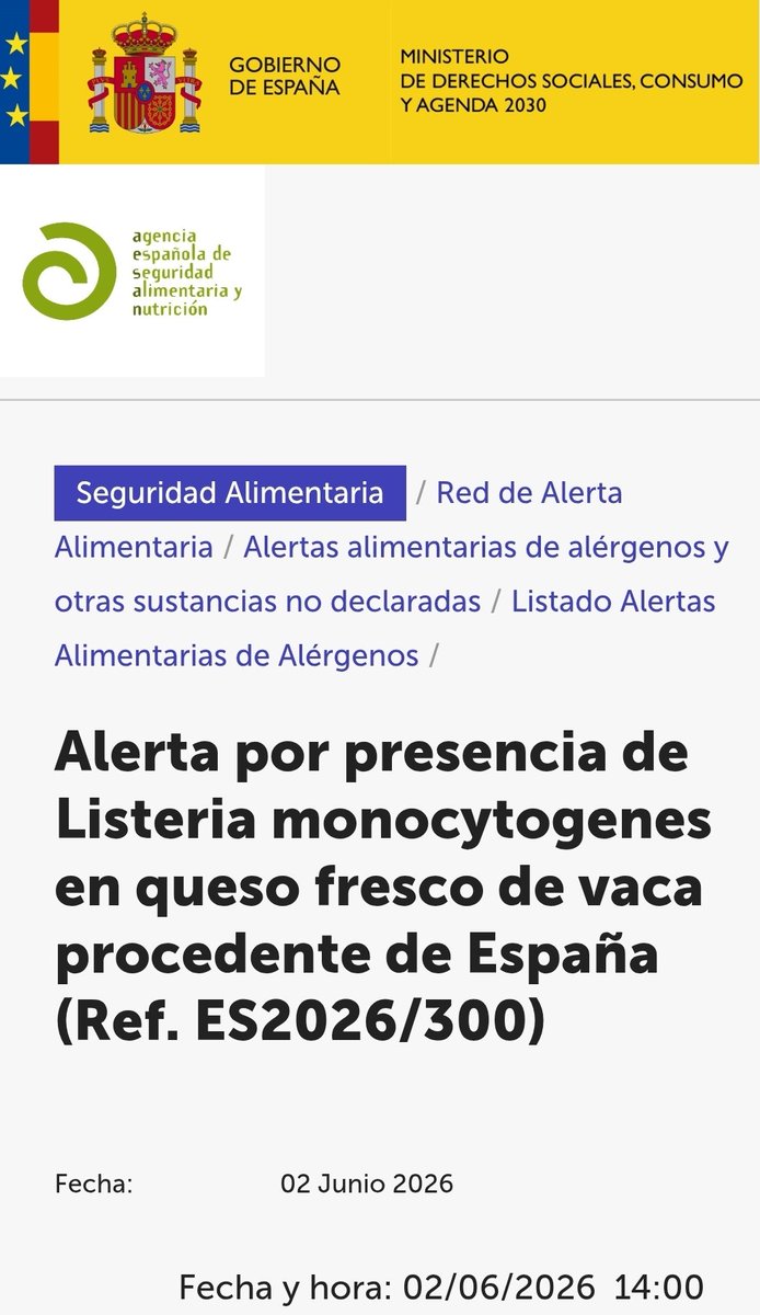 AESAN_gob_es's tweet photo. ⚠️ Alerta por presencia de Listeria monocytogenes en queso fresco de vaca.
🚫 No consumir.
📌 https://t.co/lrHSDXSdQB https://t.co/ehj8MpXIDn