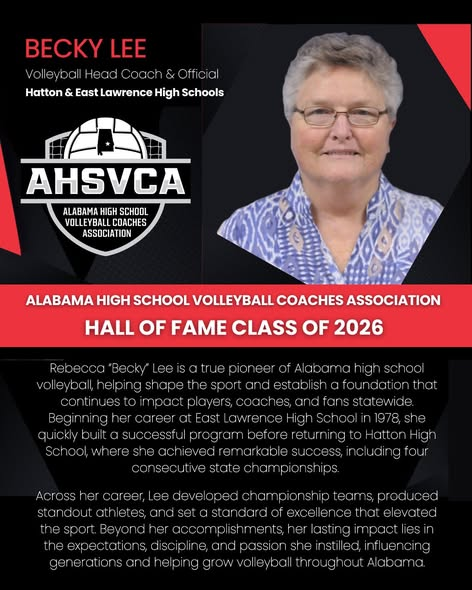 ahsaaradio's tweet photo. AHSAA Coaches Spotlight presented by Alabama National Guard Recruiting - https://t.co/b3EdgAVQh8
Congratulations to Coach Becky Lee from Hatton High School and East Lawrence High School Eagles for being named to the Alabama High School Volleyball Coaches Association Hall of Fame Class of 2026.