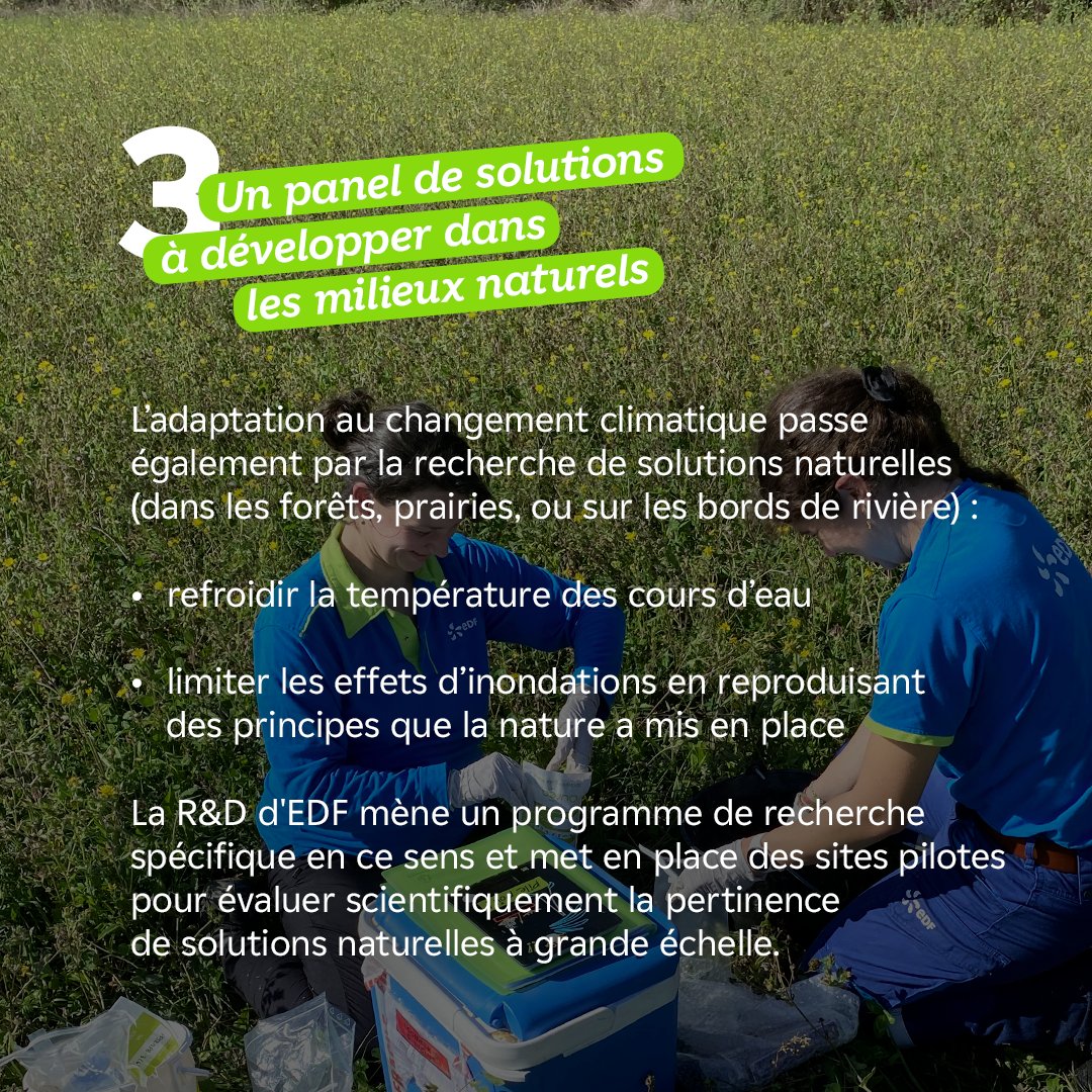 EDFofficiel's tweet photo. En France, la production électrique d'EDF dépend d'environ 90 % de la ressource en eau : pour l'hydroélectricité, et comme source de refroidissement pour les sites nucléaires.
Avec notre R&amp;D, nous innovons chaque jour pour adapter nos activités au changement climatique. 👇
