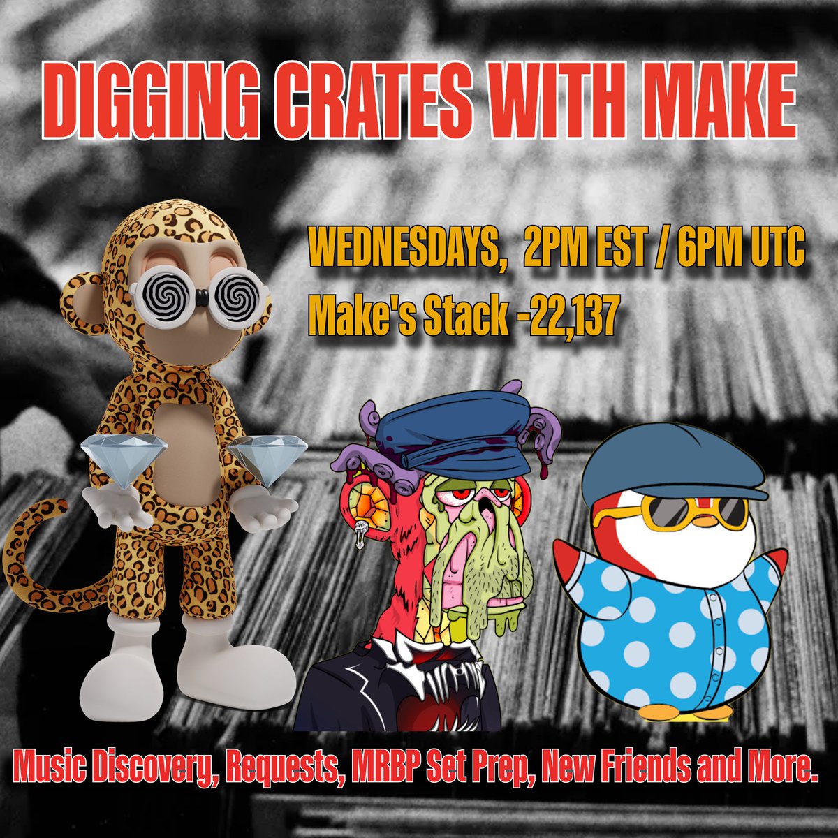 MAKEANFT's tweet photo. WEDNESDAY COME DIG IN THE CRATES WITH MAKE 
Live in @decentraland From Make's Stack -22,137
2PM EST, 6PM UTC. 
Enjoy Music Discovery,  I will take requests and would love to here your lates mix. 
Will have wearables for new guests. https://t.co/9jF6CrRiC7