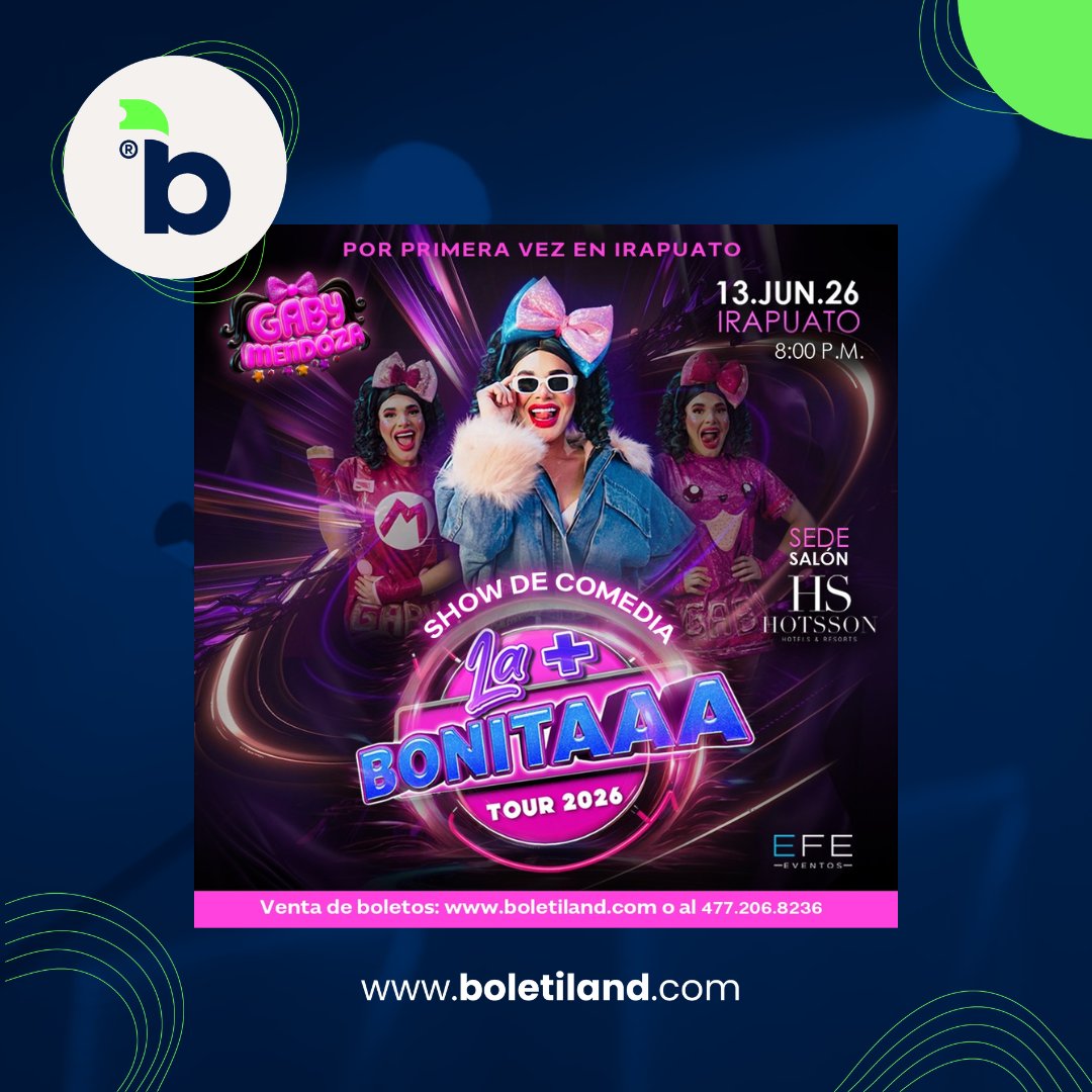 Boletiland's tweet photo. 💋 La + Bonitaaa llega a Irapuato. 💋

Etiqueta a tu cómplice de risas y prepárense para una noche llena de diversión con Gaby Mendoza. 🎤✨

🎟️ Boletos aquí:
👉 https://t.co/uj5TzmpAbJ
#LaMásBonitaaa #GabyMendoza #Comedia #Boletiland https://t.co/CmkQJBnoFj