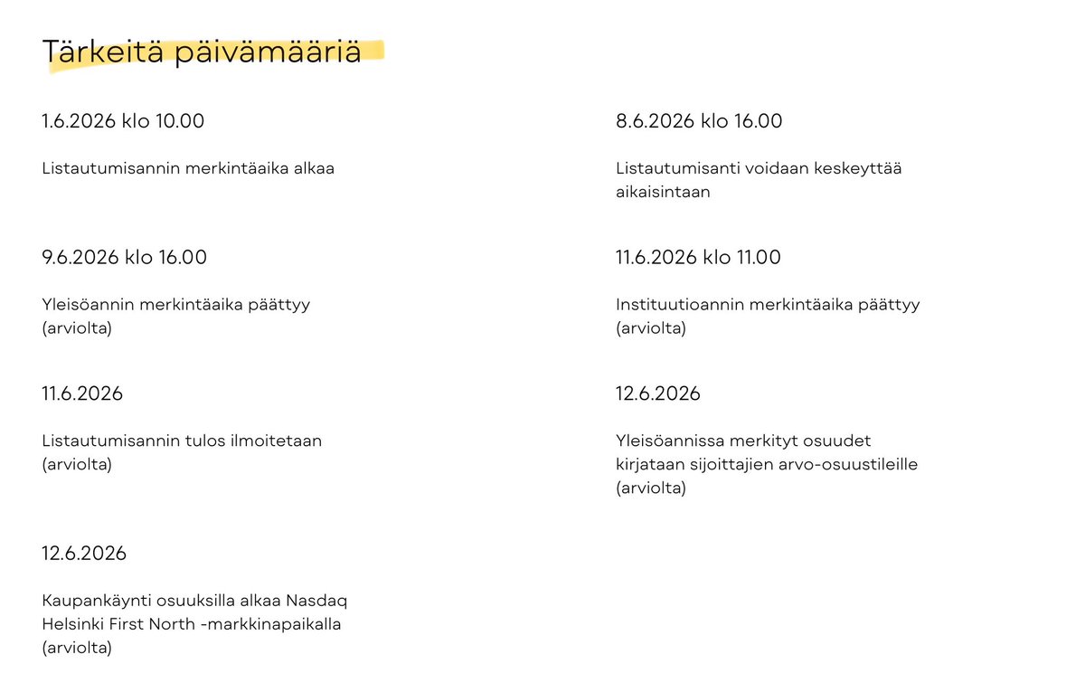 zijoittaja's tweet photo. Listautumisen tärkeitä päivämääriä. #KPY
Antihan alkoi eilen ja nykyiset omistajat eivät myy annissa mitään. https://t.co/WZZXKCrbdU