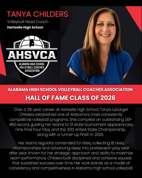 ahsaaradio's tweet photo. AHSAA Coaches Spotlight presented by Alabama State Games - https://t.co/eHqEI4jAE7
Congratulations to Coach Tanya Childers from Hartselle High Volleyball for being named to the Alabama High School Volleyball Coaches Association Hall of Fame Class of 2026. https://t.co/9lYKjSixLp