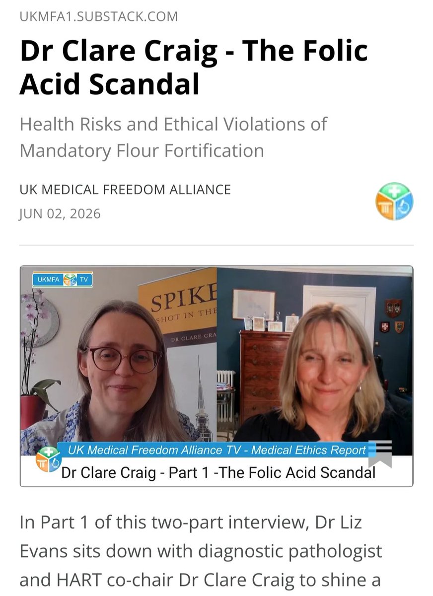 ukmfa1's tweet photo. @ClareCraigPath on The Risks of Mandatory Flour Fortification with Folic Acid

@ukmfa1 Dr Liz Evans and @hartgroup_org  Dr Clare Craig discuss potentially serious health risks from recent UK mandate requiring fortification of white flour with the synthetic drug folic acid. 

Dr Craig explains the background to decision to mass-medicate the public, breaking down the flawed rationale behind the new UK law.

WATCH full interview here: 
https://t.co/FluAtZUgXT