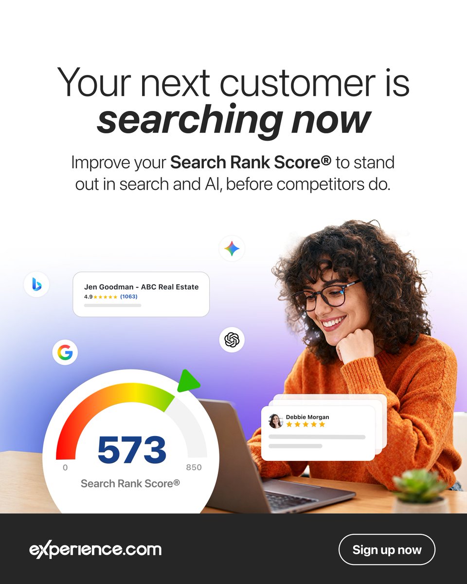 experience__com's tweet photo. Most professionals know reviews, listings &amp; trust matter.
But do they know what’s helping or hurting their visibility?

That’s where Search Rank Score® helps.

An 850-point visibility score that shows where you stand and what to improve next.

Check your score: link in the commen https://t.co/Jbpu9tdpQY