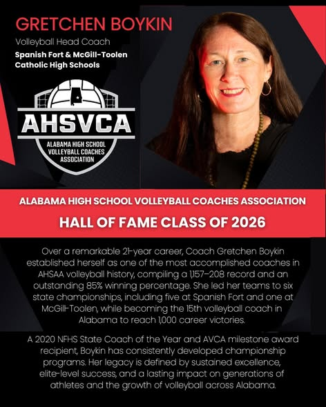 ahsaaradio's tweet photo. AHSAA Coaches Spotlight presented by Alabama Community College System - #ACCSuccess #WorkInAlabama #makelifebetterinalabama
Congratulations to Coach Gretchen Boykin from Spanish Fort High and McGill-Toolen Catholic High School for being named to the Alabama High School Volleyball Coaches Association Hall of Fame Class of 2026.