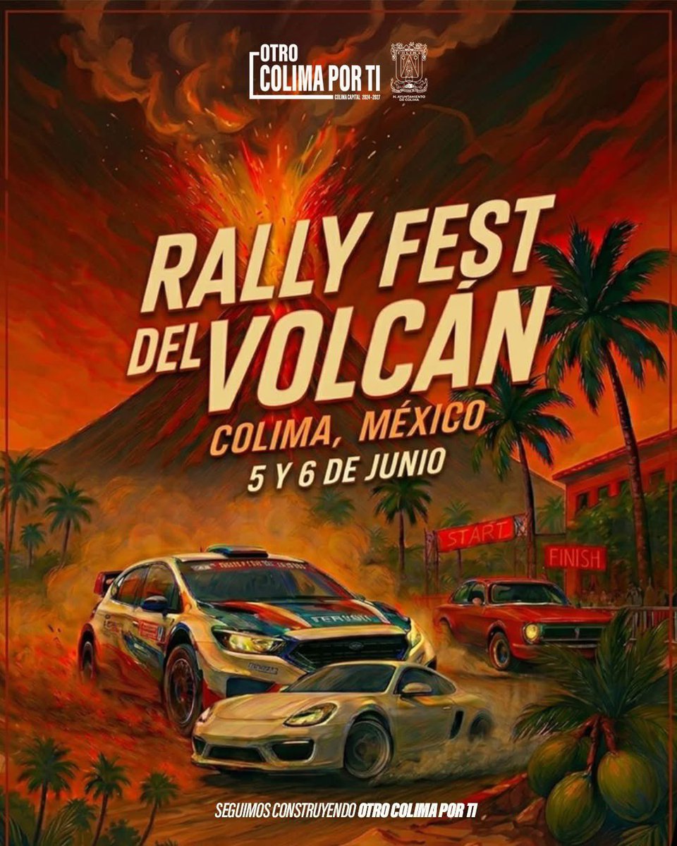 ColimaMunicipio's tweet photo. ¡Cada vez estamos más cerca de vivir la adrenalina del Rally Fest del Volcán! 🏎️🔥

📆 5 y 6 de junio
🏁 Pilotos de diferentes estados del país
🏎️ Exhibición de autos
🔥 Drifting show
🍔 Gastronomía
🛍️ Expositores
🌋 Rutas extremas y circuitos de velocidad

#OtroColimaPorTi https://t.co/enmp9VeAHW