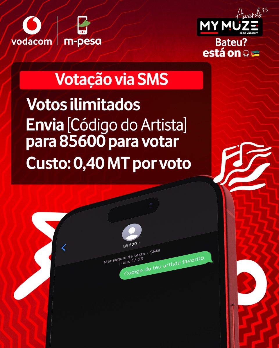VodacomMz's tweet photo. Bateu? Então vota! 😎 ​

Teu artista favorito ja tá nomeado, agora tcheka como votar. 😁​

Vota pela App e Website MyMuze ou envia o código do artista por SMS para o 85600. 🔥​

Link:https://t.co/VK8FLUIbBS ​

#MyMuze #SóNaVodacom #EstamosON #OndeAMúsicaBate https://t.co/go2h3ogc74