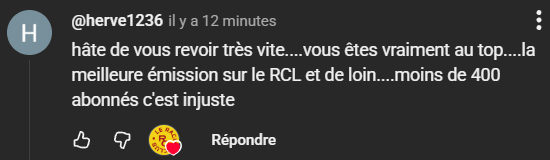leracingclub's tweet photo. Le genre de message qui fait kiffer 🙏

Eh oui Hervé, moins de 400 abonnés. Et comme le disait le collègue @MaxVendrell de @RetourDuStade_1, à partir de 500, on débloque la monétisation pour couvrir une partie des frais qu'on engage pour produire nos contenus.

Abonnez-nous ! 😄 https://t.co/qC3su3TfOF
