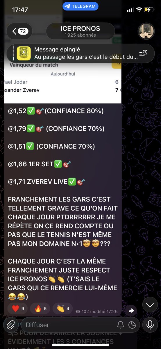 ICE_PRONOS's tweet photo. 5/5 POUR DÉMARRER LA JOURNÉE RG SANS FORCER OU PAS ?😎🪄

1,52 ZVEREV GAGNE DE 2✅ (80%) 

1,79 KOSTYUK✅ (70%)

1,51 ANDREEVA✅ (70%) 

1,66 KOSTYUK 1ER SET✅

1,71 ZVEREV LIVE✅

Enfait je suis tellement obligé de me répéter chaque jour parce que chaque jour c’est la même chose🤯🤯🤯 je crois vraiment qu’on ce rend pas compte du niveau les gars😂

EXPLOSER MOI LES ❤️/RT ENCORE POUR CE PTN DE CARNAGE !!!!!!🎉