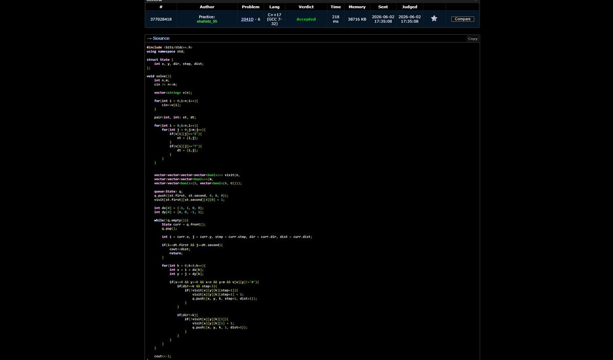shahidx_05's tweet photo. Day 452 of #1001DaysOfCode
Solved 4 DSA problems
1 Codeforces (1700) problem
✅ Earliest Finish Time for Land & Water Rides I
✅ Network Delay Time
✅ Number of Ways to Arrive at Destination
✅ Pairs with Certain Difference
#DSA #LeetCode #GFG #Codeforces #ProblemSolving https://t.co/l8mkDqRA1E