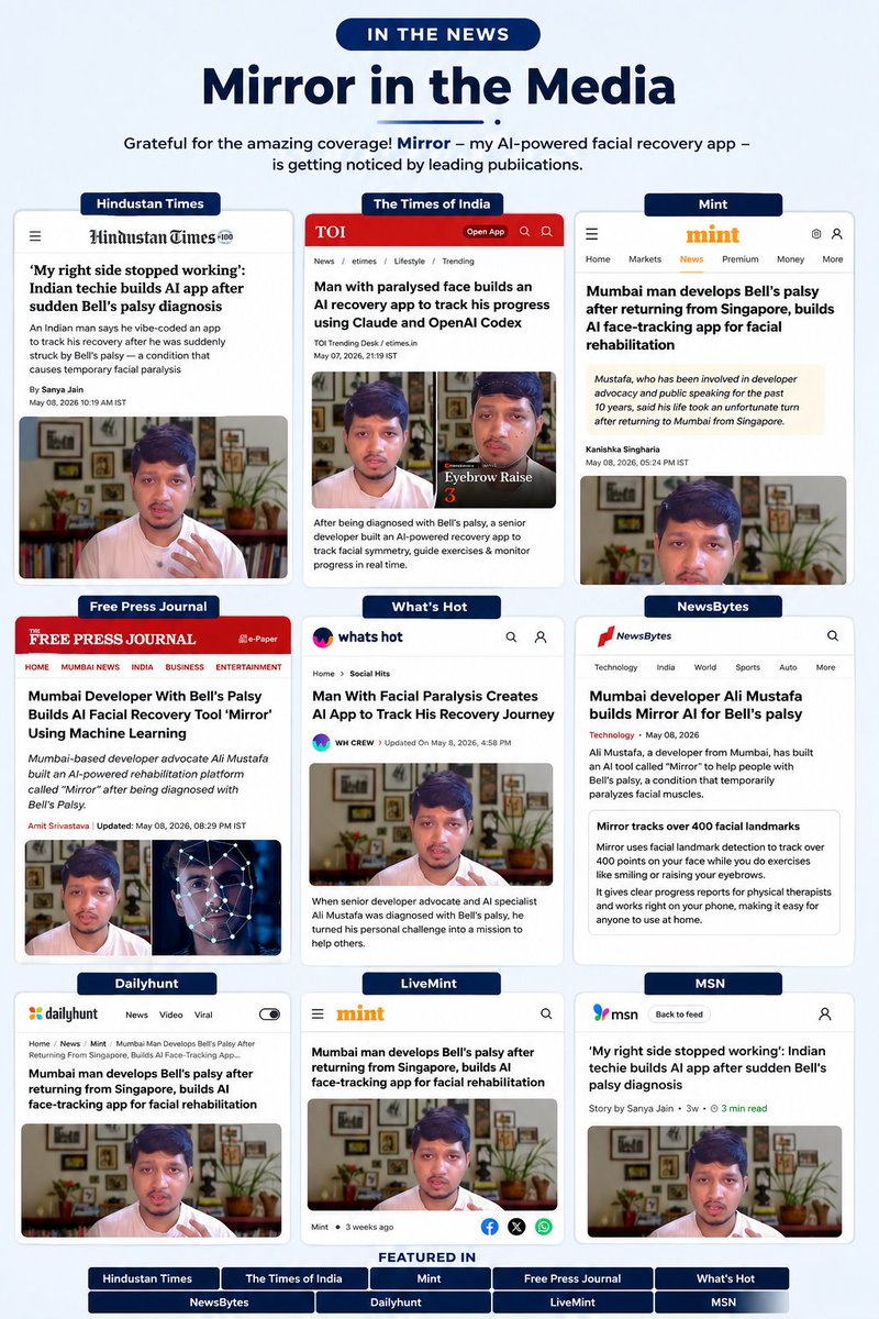 ialimustufa's tweet photo. Wow, Mirror has been covered by multiple media outlets!

A month ago, this was just a small app I built after Bell’s Palsy paralysed the right side of my face;

Built for myself. Open-sourced for others;

This feels unreal. More to build. More to improve; https://t.co/A02ueUxKRW