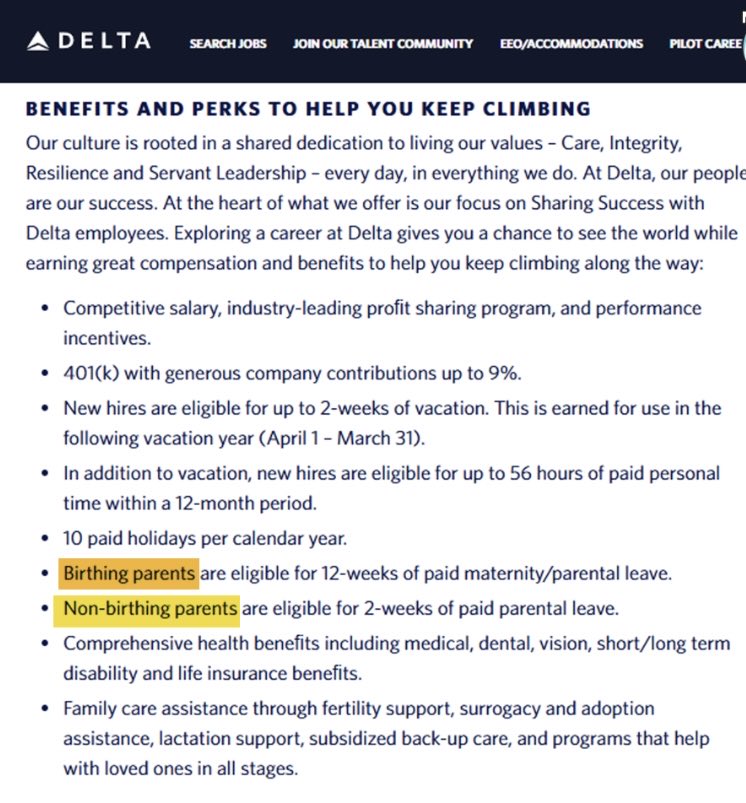 Logicoexellence's tweet photo. Delta Airlines refers to mothers and fathers in their career benefits policy as "Birthing parents" &amp; "Non-birthing parents" https://t.co/EidyT2yp0y