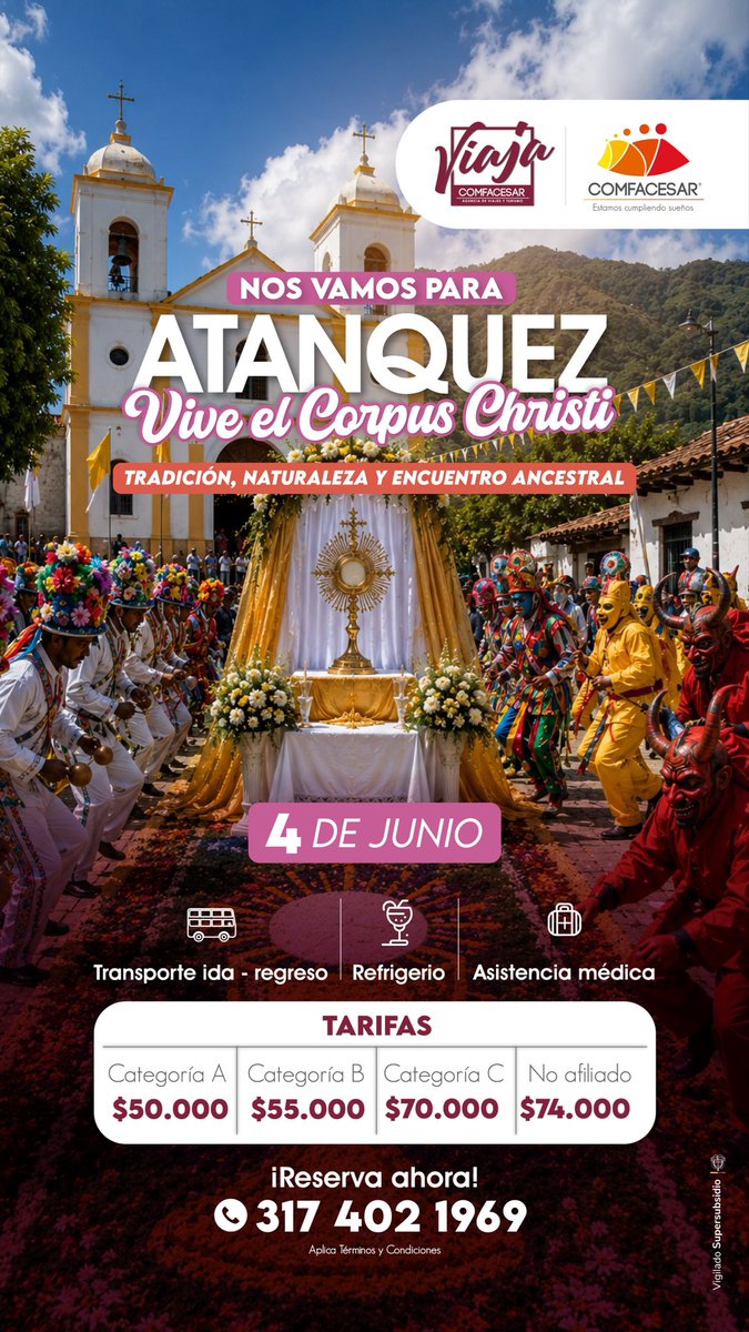 FulldeportesC's tweet photo. 🌸⛪ Este 4 de junio vive el Corpus Christi en Atánquez, una experiencia de cultura, tradición y encuentro ancestral.

💰 Desde $50.000 para afiliados.
📲 Reserva: 317 402 1969
@comfacesar https://t.co/h25rtFVRaa