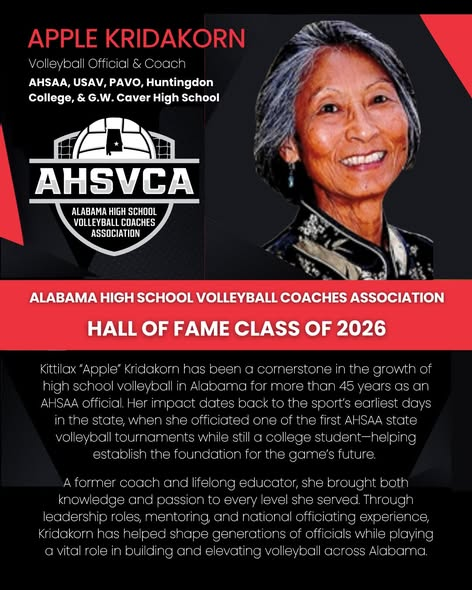 ahsaaradio's tweet photo. AHSAA Coaches Spotlight presented by Scout Program Management - https://t.co/rsigx2Zdm6
Congratulations to Coach Kittilax “Apple” Kridakorn of the Alabama High School Athletic Association - AHSAA and G. W. Carver High School for being named to the Alabama High School Volleyball Coaches Association Hall of Fame Class of 2026.