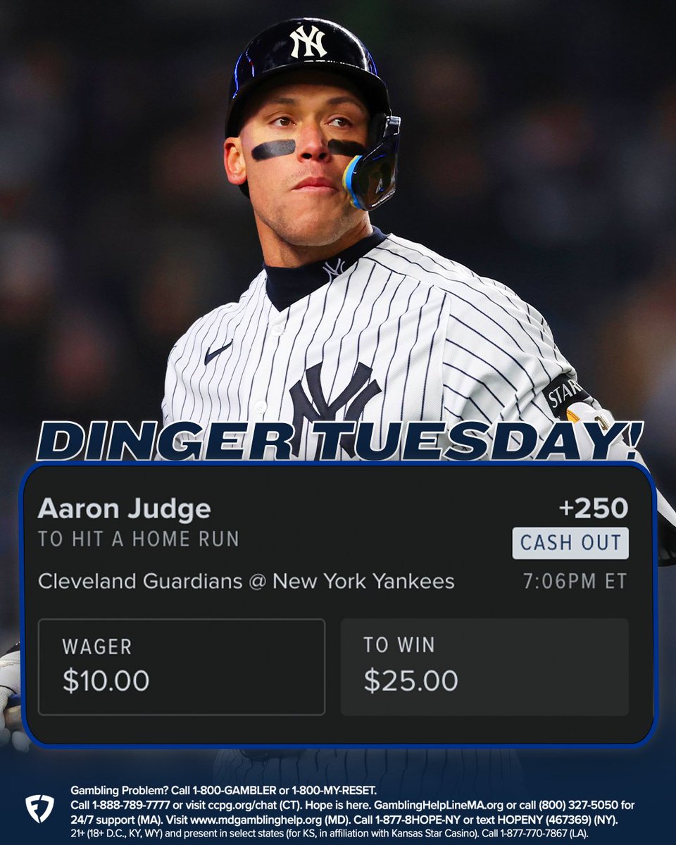 FDSportsbook's tweet photo. The 5 most bet players to hit a HR today 💣

⓵ Aaron Judge (+250) 
⓶ Kyle Schwarber (+250) 
⓷ Ronald Acuna Jr. (+410) 
⓸ Ben Rice (+370) 
⓹ Shohei Ohtani (+310) 

You riding with the public on Dinger Tuesday? 🤔 https://t.co/pDRuSXInDj