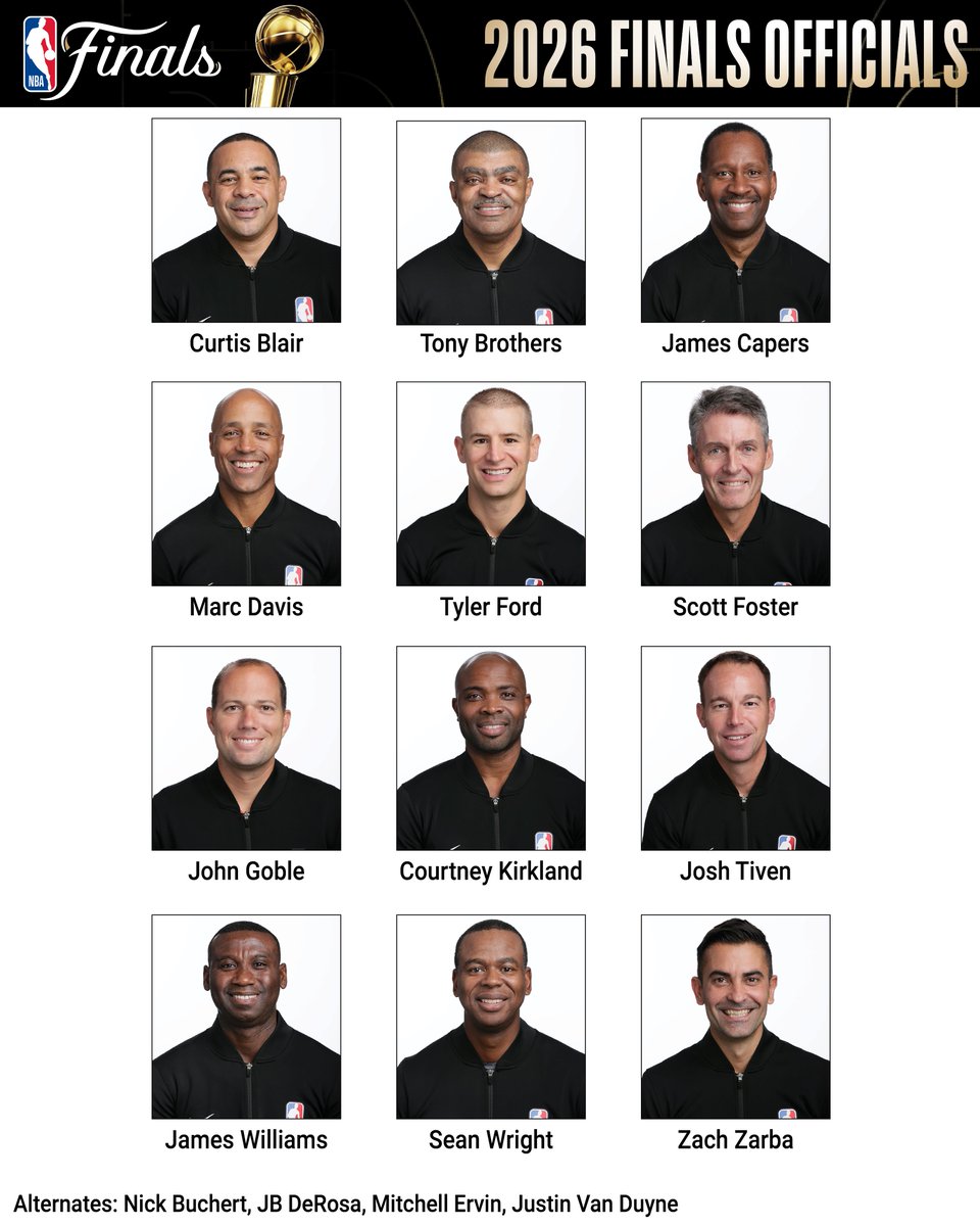 NBAPR's tweet photo. The NBA today announced the game officials assigned to the 2026 NBA Finals.

Below is the list of officials for the Finals ⬇️

More: https://t.co/79Iox04O01 https://t.co/FVQvUmkwfv