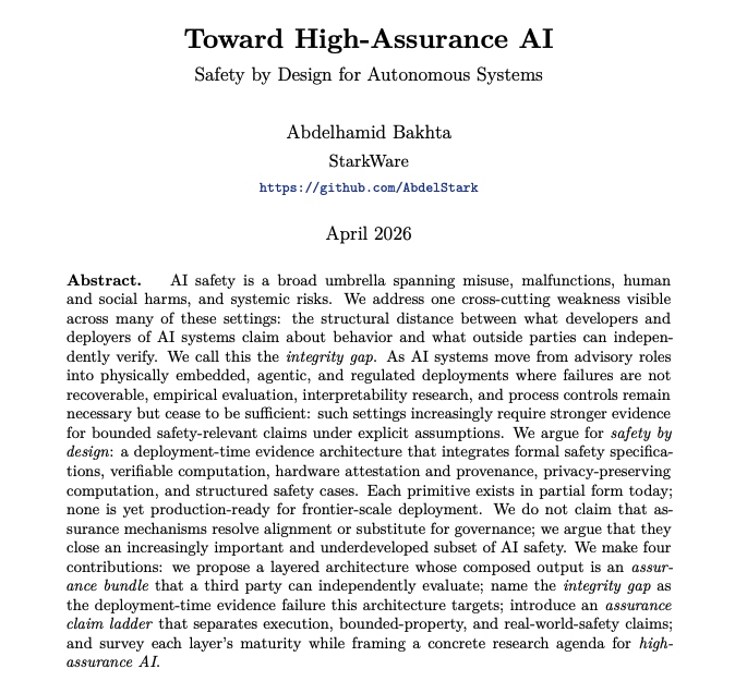 AbdelStark's tweet photo. Toward High-Assurance AI, Safety by Design for Autonomous Systems.

AI safety is relatively good at shaping and evaluating how models behave. It's much weaker at producing evidence an outsider can independently verify about what a model / agentic system actually did in a specific deployment.

Core idea is this: We address one cross-cutting weakness visible across many of these settings: the structural distance between what developers and deployers of AI systems claim about behavior and what outside parties can independently verify. We call this the integrity gap.

New paper on closing that gap:  🧵